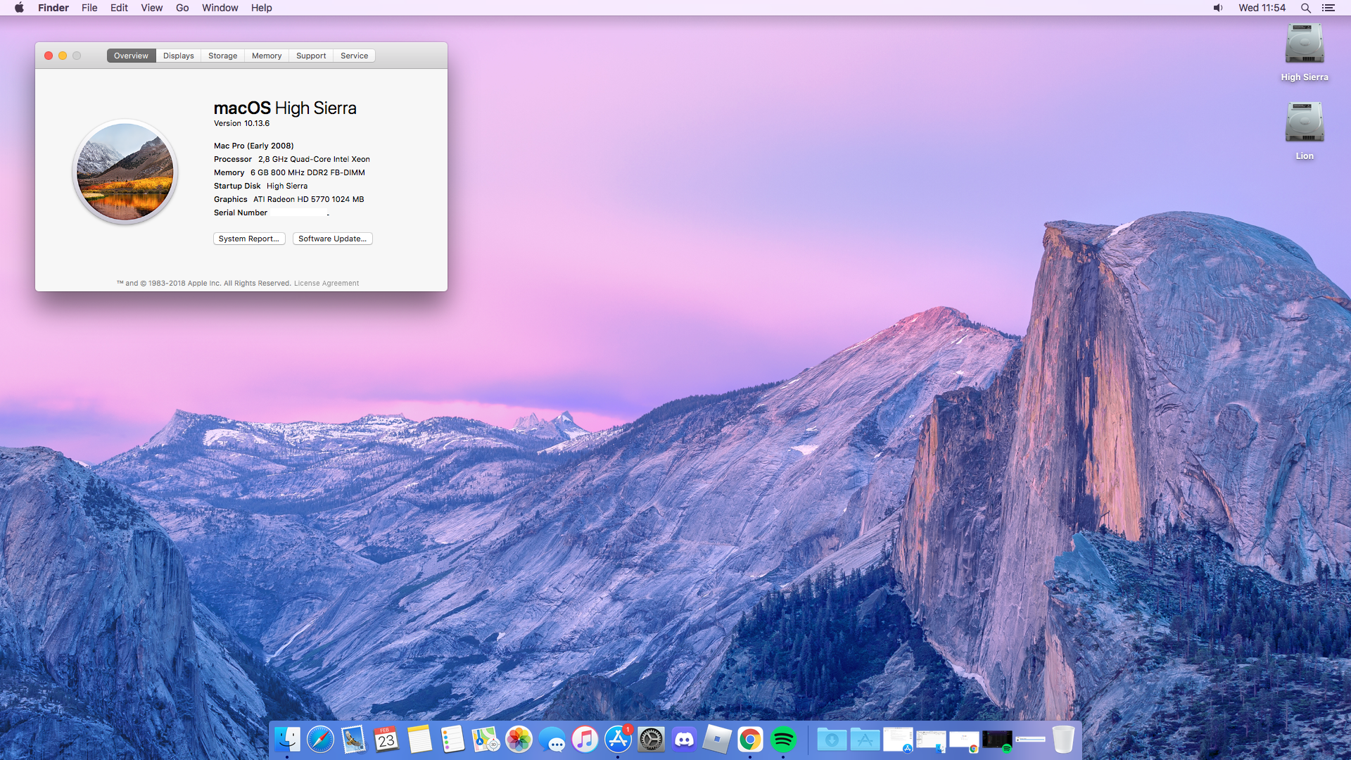 High Sierra desktop screenshot with About This Mac window open showing the specifications