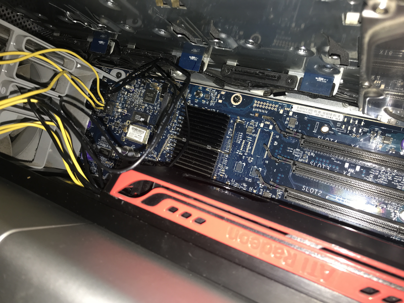 Picture showing the Radeon HD 5770 installed in the computer, with the DIY cable solution visible