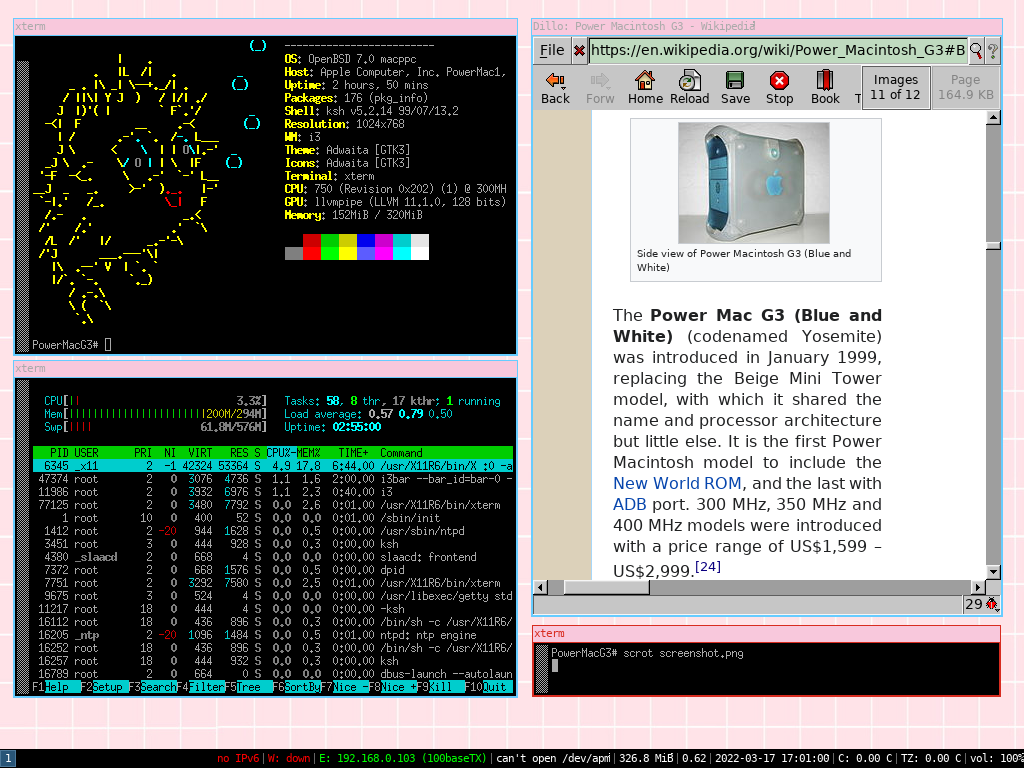 Screenshot of OpenBSD with i3 on the G3