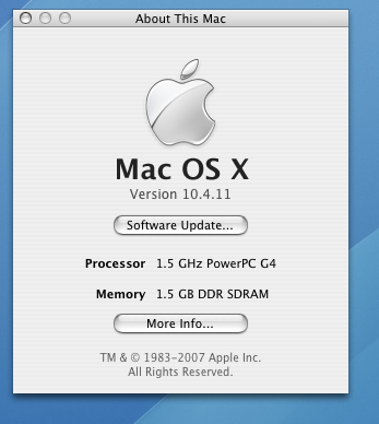 Screenshot of About this Mac on Mac OS Tiger, showing the specifications which are a 1.5 GHz G4 processor and 1.5 GB of RAM