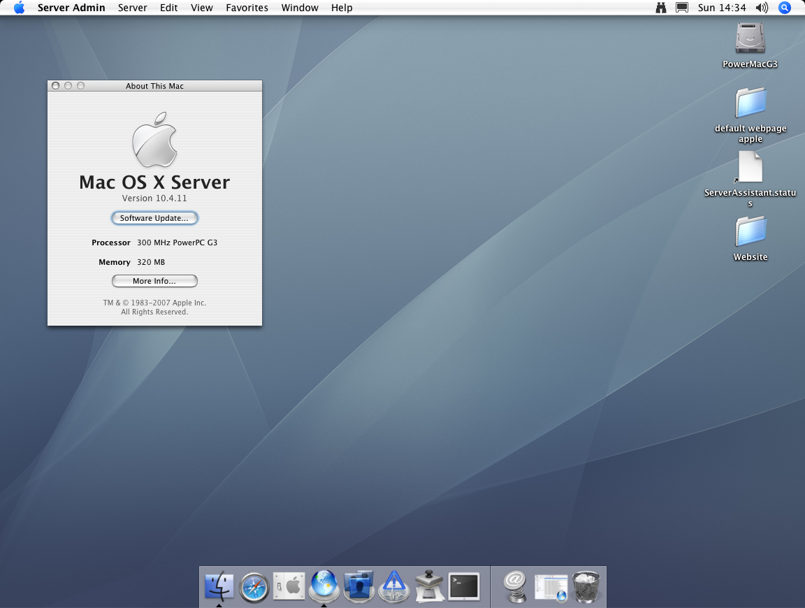 Screenshot of Mac OS Tiger Server showing About this Mac